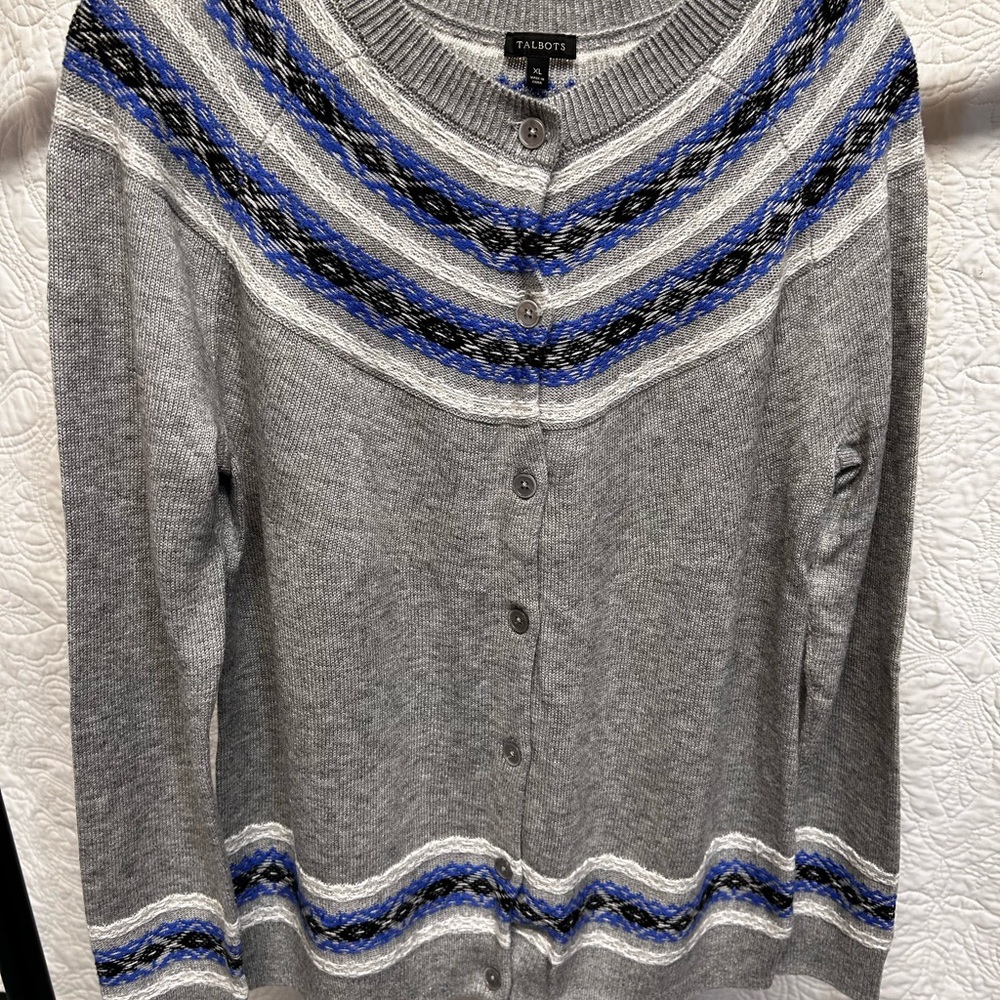 Talbots Women's Gray Cardigan with Blue Accents